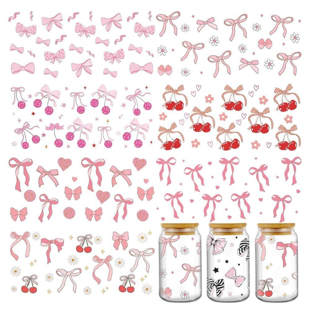 7Pcs/Bag Smooth UV DTF Transfer Sticker Clear Pink Bow Decals  For 16Oz Glass Cup