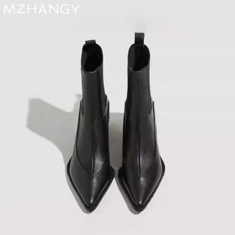 Women Leather Ankle Boots Pointed Toe Mid Heels Shoes Woman 2025 Trend Fashion Winter Elegant Dress Chelsea Boots Mujer Botas