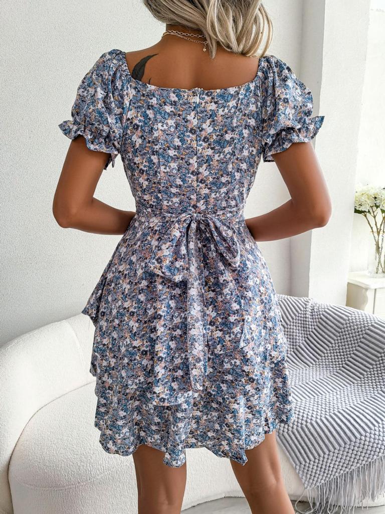 Abito Stampato con Scollo Quadrato Vita Alta Abito Elegante da Donna Manica Corta Abiti Ampi Abito Casual