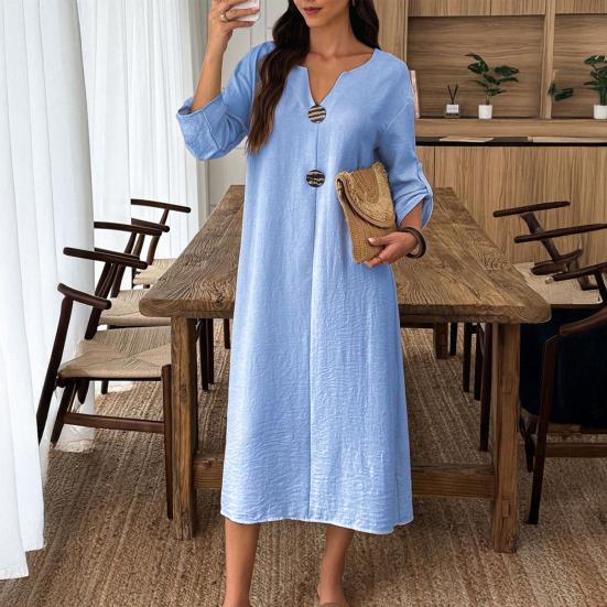 Sommer Baumwollkleid für Damen Langarm V-Ausschnitt Fließendes Langes Kleid Lässig Strandurlaub A-Linie Sommerkleid
