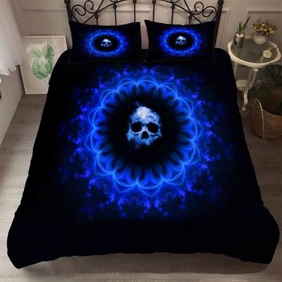 Housse de couette Terror Skull Fond Noir Ensemble pour chambre d'Halloween Housse de couette Linge de lit Os Bleu Clair Double Simple 2/3 Pièces