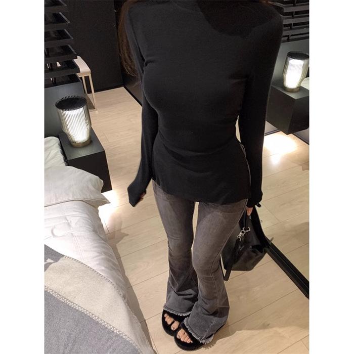 

Women s Autumn/Winter Slim Fit Long Sleeve T-shirt with Chic Slit and Waist-Cinched Design M чёрный