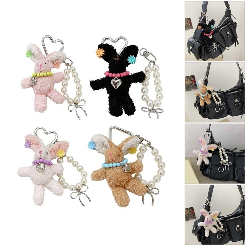 Playful Rabbit Bag Charm Double Use Phone Lanyard Soft Plush Pearls Clip Accessory Adorable Rabbit Keyring Decors