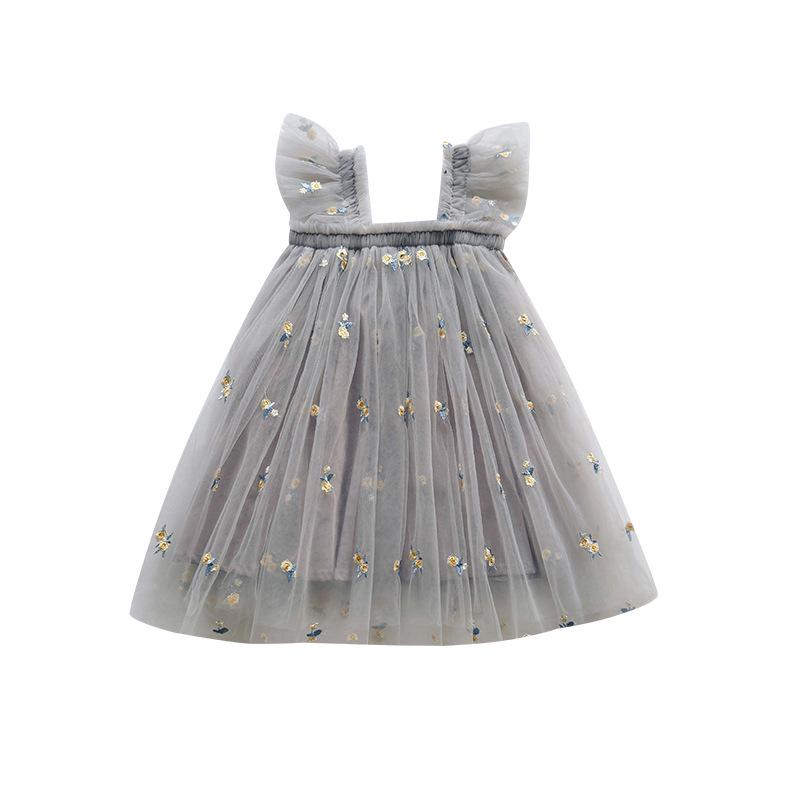 Girls' Flower Embroidered Tulle Dress: Summer Style with Puff Sleeves and Net Yarn Skirt
