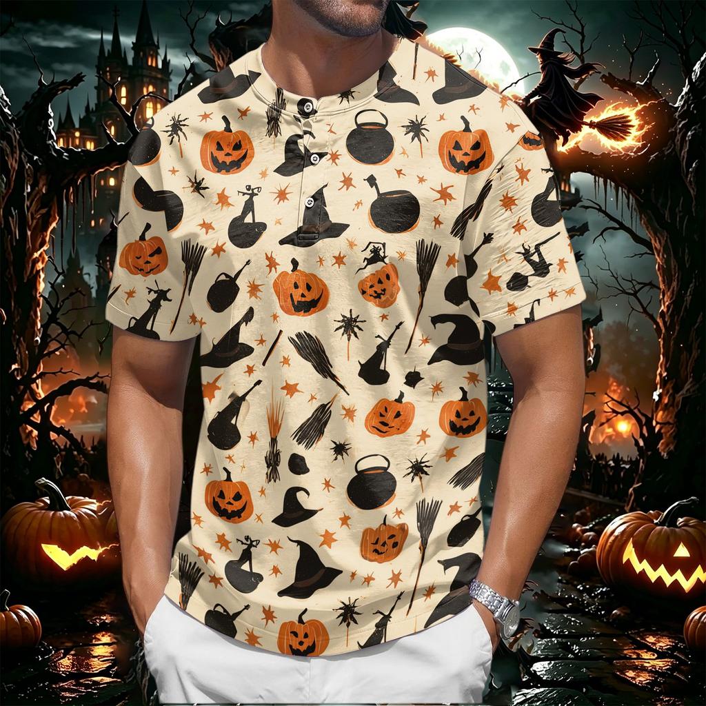 Men's Halloween Print Crew Neck Short Sleeve Top with Pumpkin and Web Pattern Casual Fit T Shirt for Daily Wear