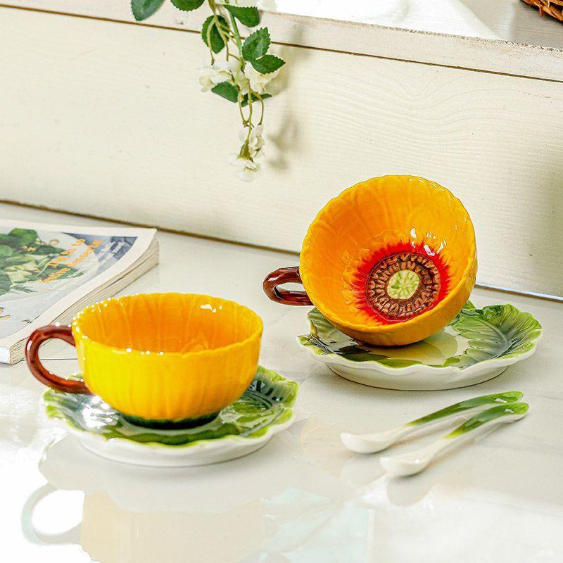Kreative Sonnenblumenform Keramik Kaffeetasse Teekanne Tasse Zarte Blumige Emaille Farbe Teetasse Büro Tasse Trinkgeschirr Geburtstagsgeschenk