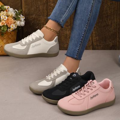 Women's Spring Autumn Suede Patchwork Soft Lace-Up Casual Shoes, Versatile Student Board Shoes, Retro German Training Shoes, Wide-Toe Shoes.