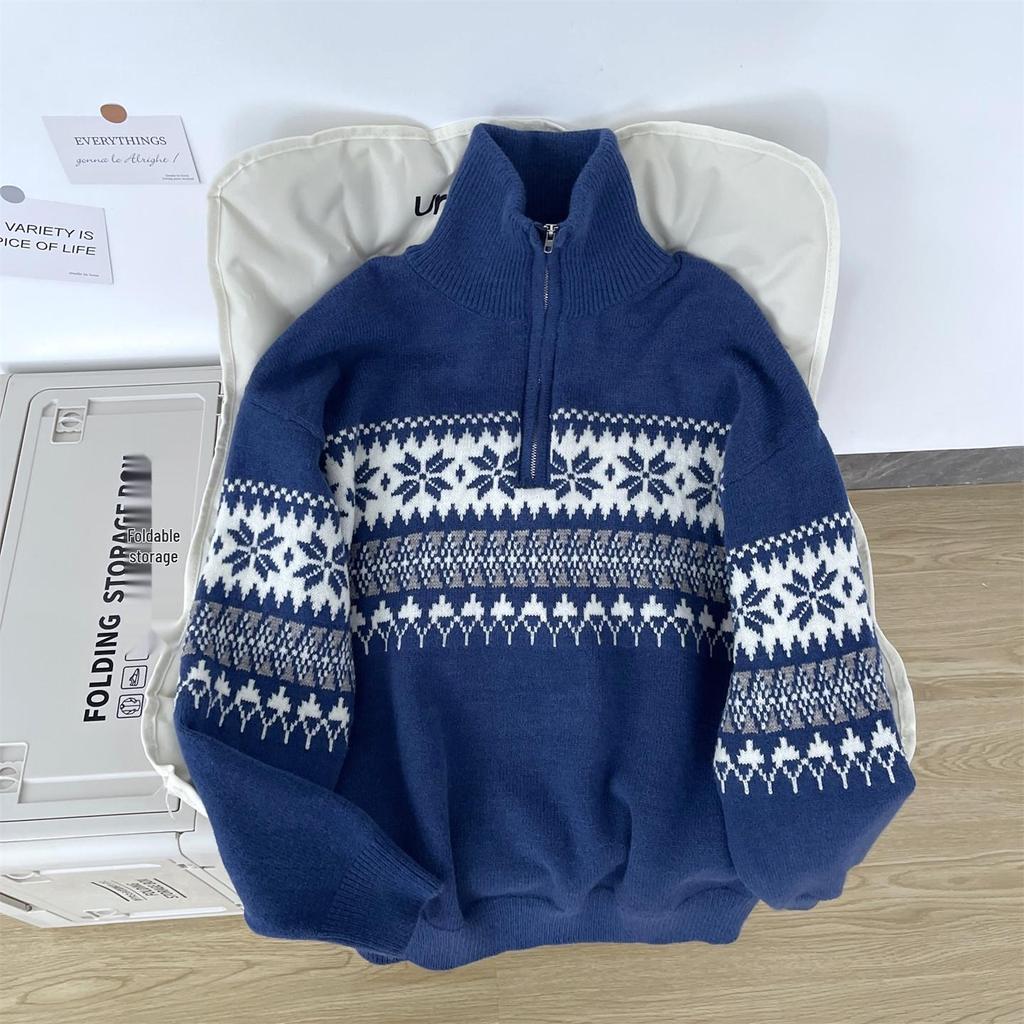 Men's Retro High Neck Knit Sweater - Warm, Loose, Half-Zip for Autumn & Winter