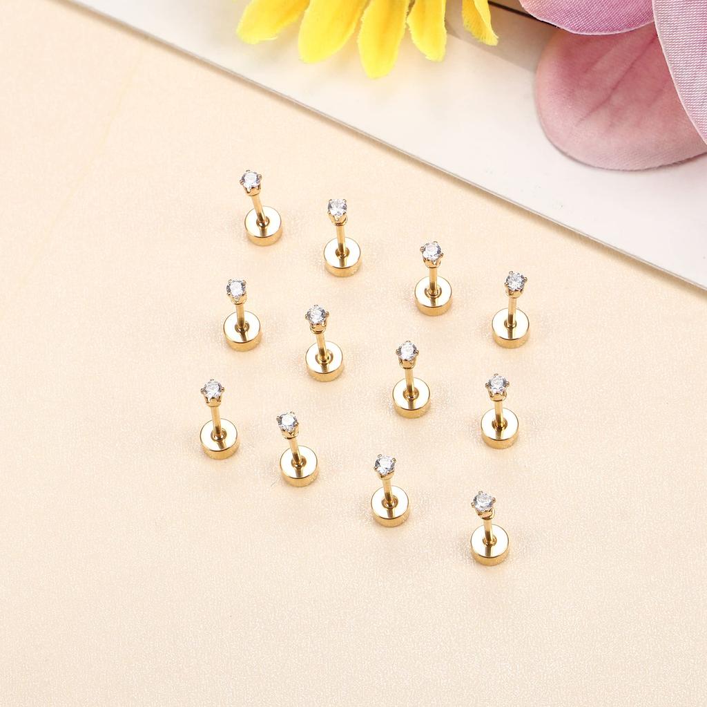 8 Pairs Flat Back Stud Earrings Sets for Multiple Piercing Small Silver Flat Back Surgical Steel Tiny Ball Pearl Cubic Zirconia
