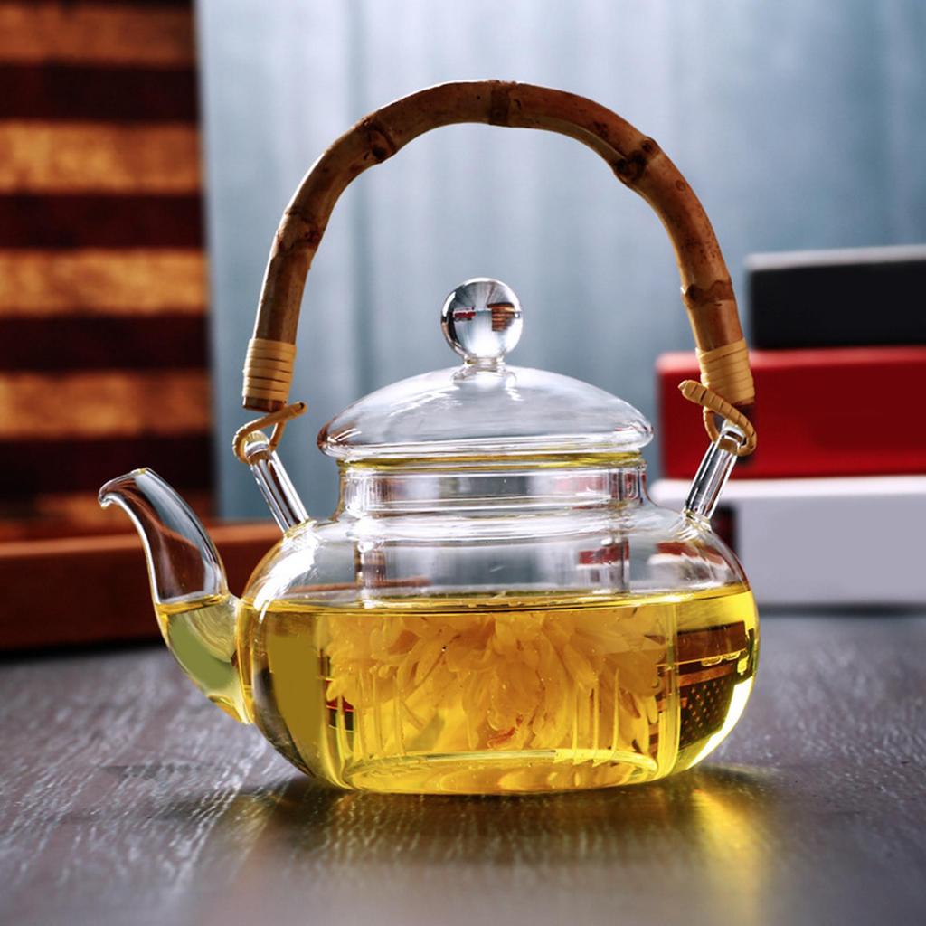 Glass Tea Pot Carafe Tea Kettle with Infuser Wood Handle Water Pitcher for Loose Leaf Beverage Milk Juice