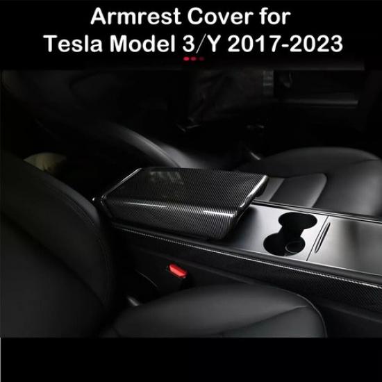 Carbon Fiber Interior Armrest Storage Box Cover Trim For 2017- Tesla Model 3