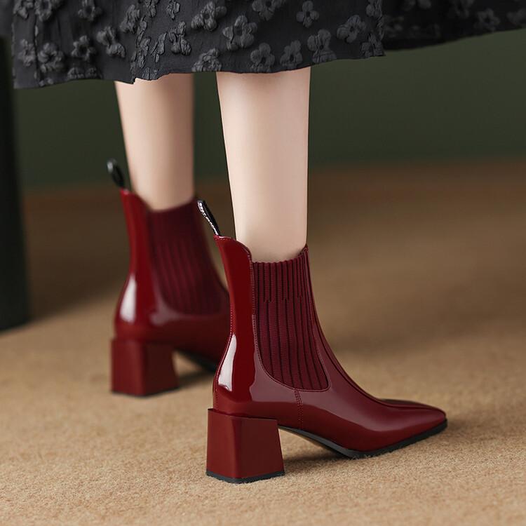 

Модные новые осенне-зимние женские ботинки из лакированной кожи, с квадратным носком, модные короткие ботинки ручной работы, ботинки челси на высоком каблуке 39