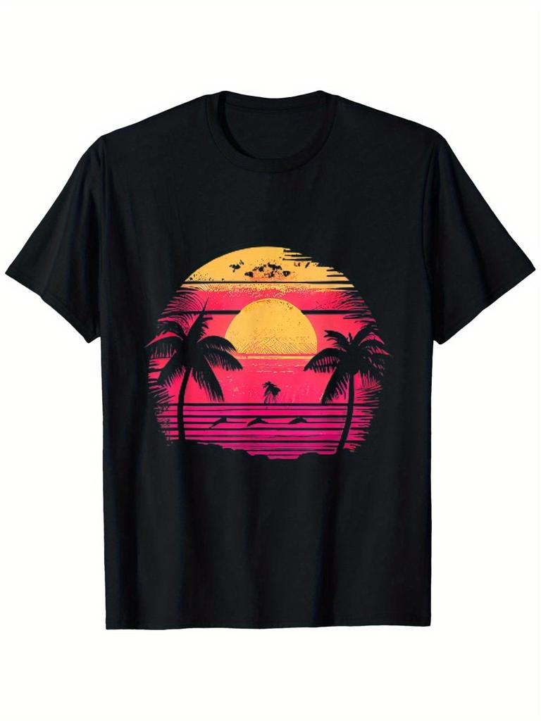 Mens Repetitive Vintage Tropical Sunset Tshirt Soft Pink and Orange Gradient Beach Shirt with Palm Tree and Sunset Patterns