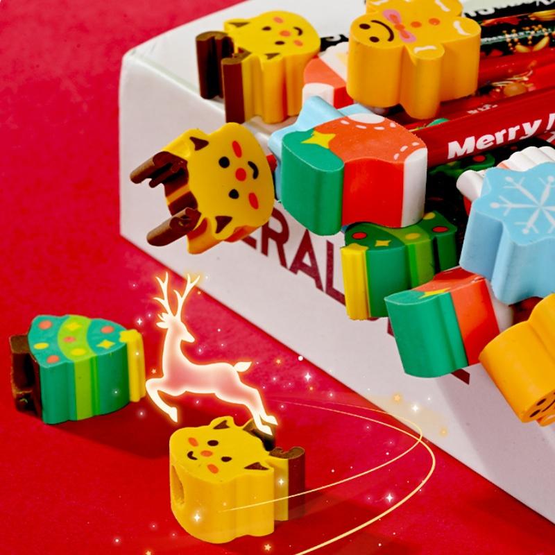 12Pcs Christmas Pencils With Cartoon Eraser Santa Claus Xmas Tree Wooden Pencils For Student School Supplies Children'S Gifts