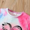 Girls Summer Outfit New Tie Dye Heart Print Short Sleeve Top  Shorts Set Casual Style