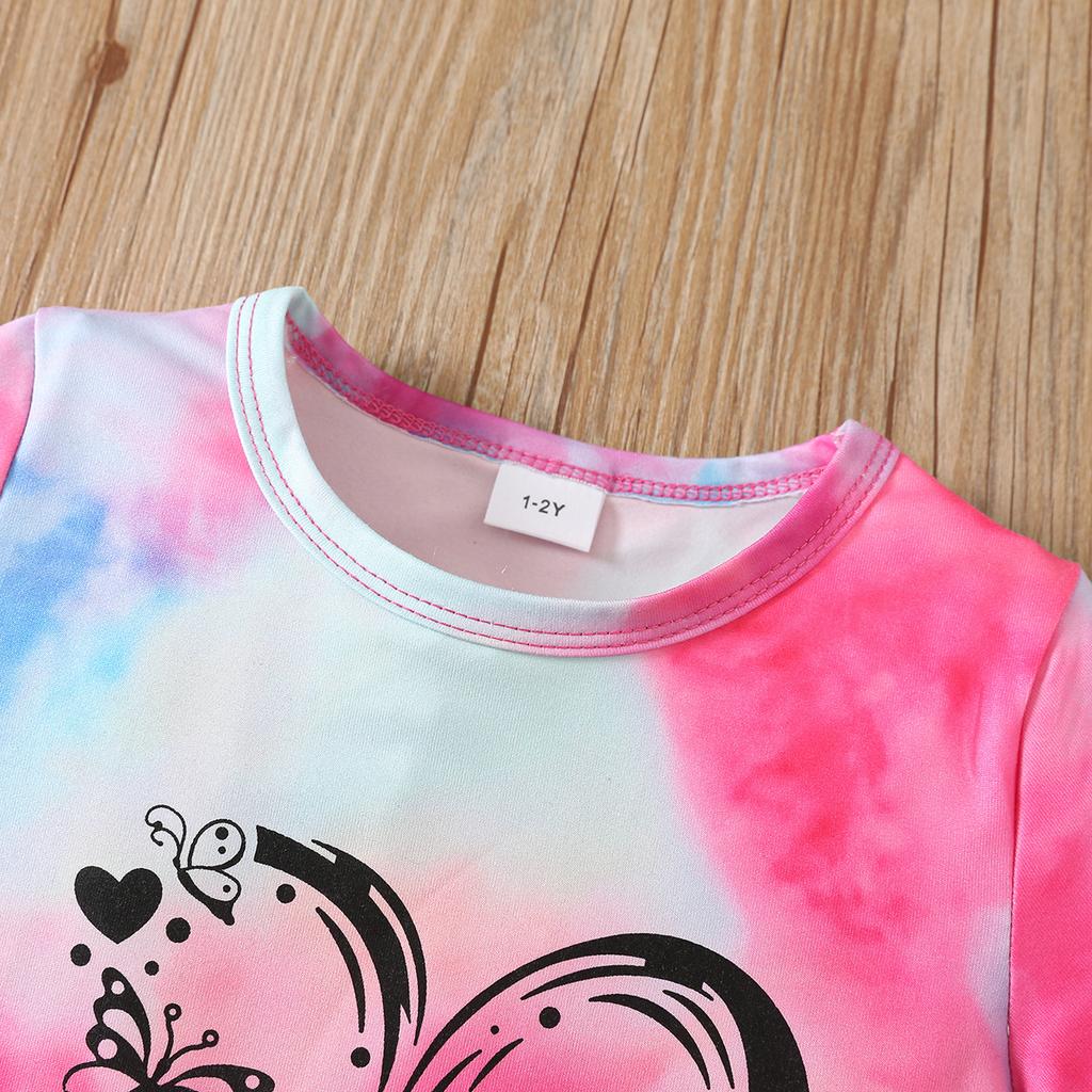 Girls Summer Outfit New Tie Dye Heart Print Short Sleeve Top  Shorts Set Casual Style
