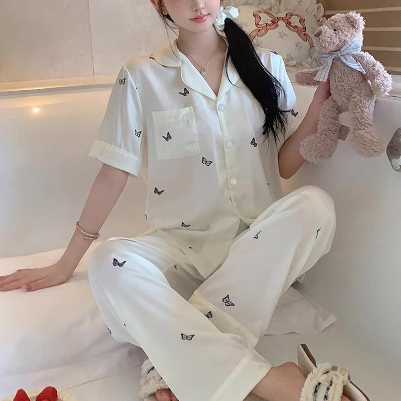 Summer High-End Ice Silk Pajamas Women S Sweet Wind Butterfly Printing High-End Short-Sleeved Trousers Loungewear M