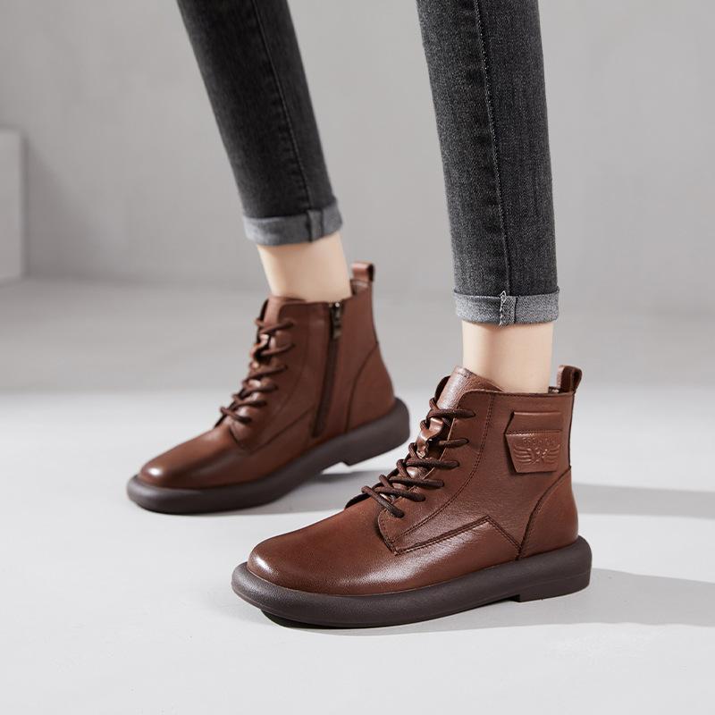 The first layer of cowhide Martin boots for women in the autumn and winter of 2025, the new lace-up retro leather British style flat-bottomed short bo