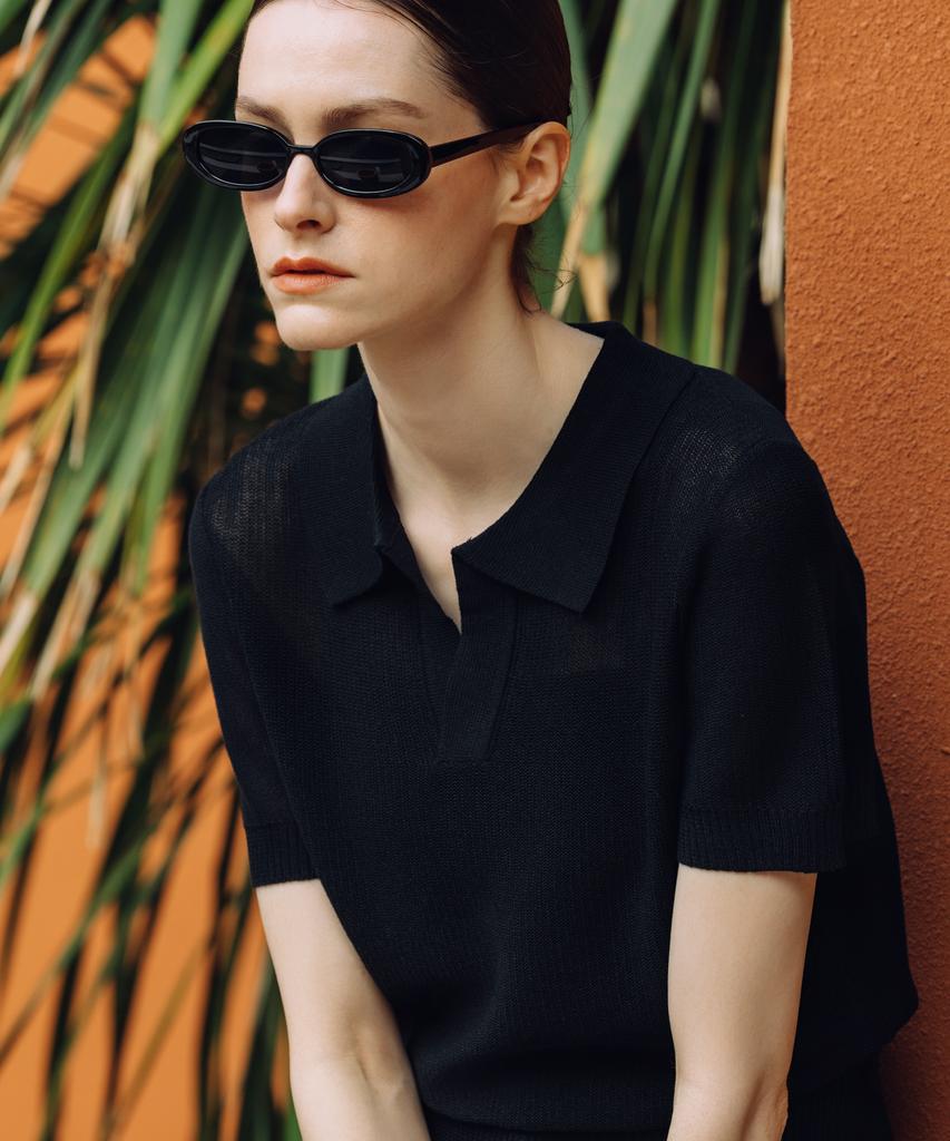 OBER GOLF Summer Open Collar Knit Top (Black)