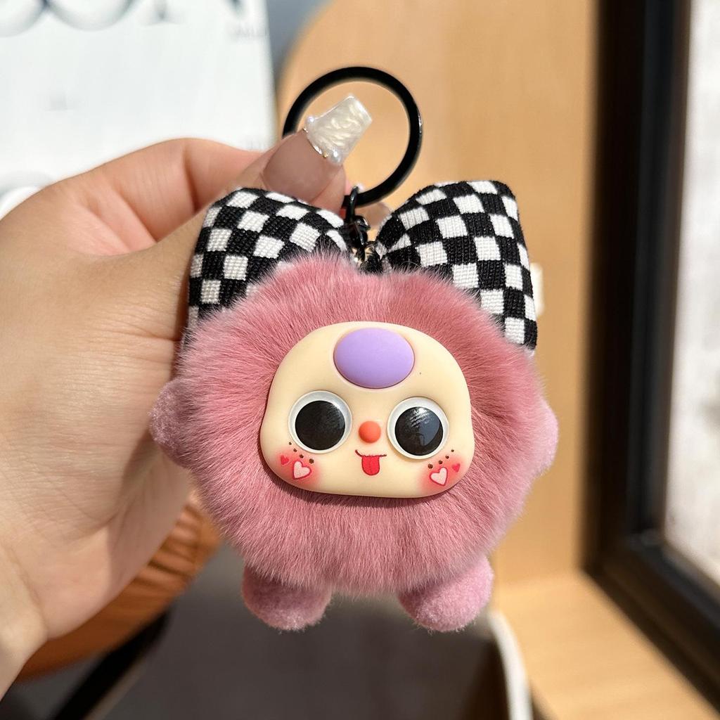 Imitation Rex Rabbit Bowknot Keychain with Coal Ball Pendant - Cute Doll Backpack Charm