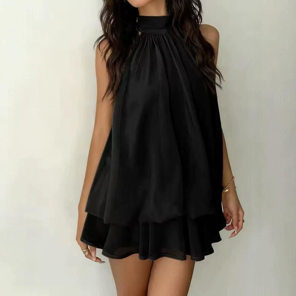 2026 summer neck sleeveless dress for women, double-layer ruffle edge loose and thin black short skirt