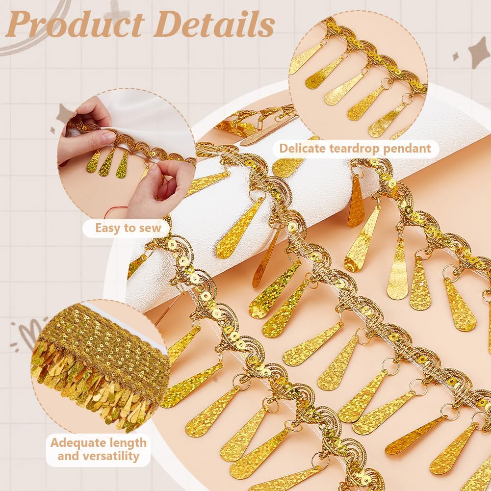 PH PandaHall 10 Yards Gold Fringe Trim Sequin Tassel Trim, 2.2inches Fabric Decorative Trim Gold Edging Trim Sewing Ribbon for Curtain Lampshade Belt