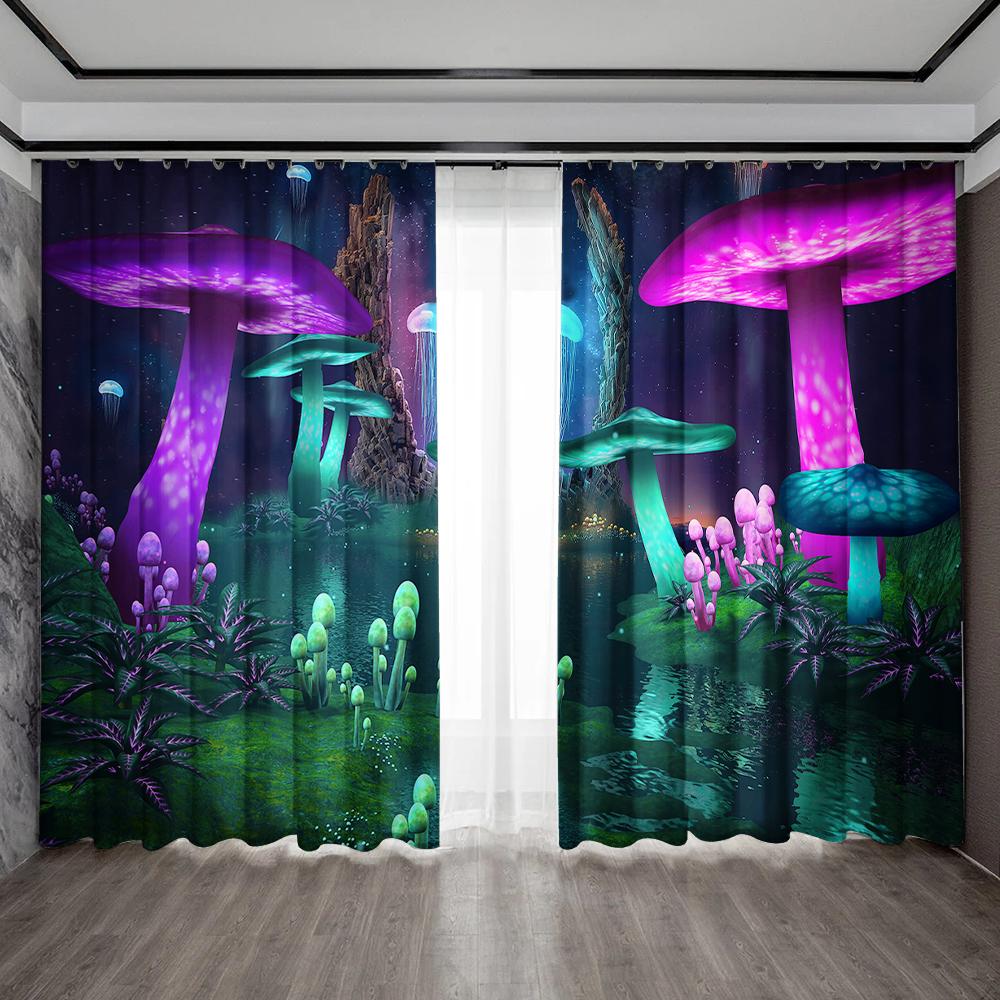 2PC Home Decoration Curtains With Cartoon Mushroom Scenes And Rod Pocket Curtains, Suitable for Kitchens, Cafes, Living Rooms