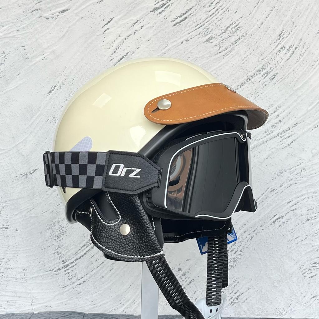 ORZ-Vintage 3/4 Scooter Helmet with Goggles Kit Windproof Anti UV Open Face Motorbike Helmet Unisex Street Riding Protection