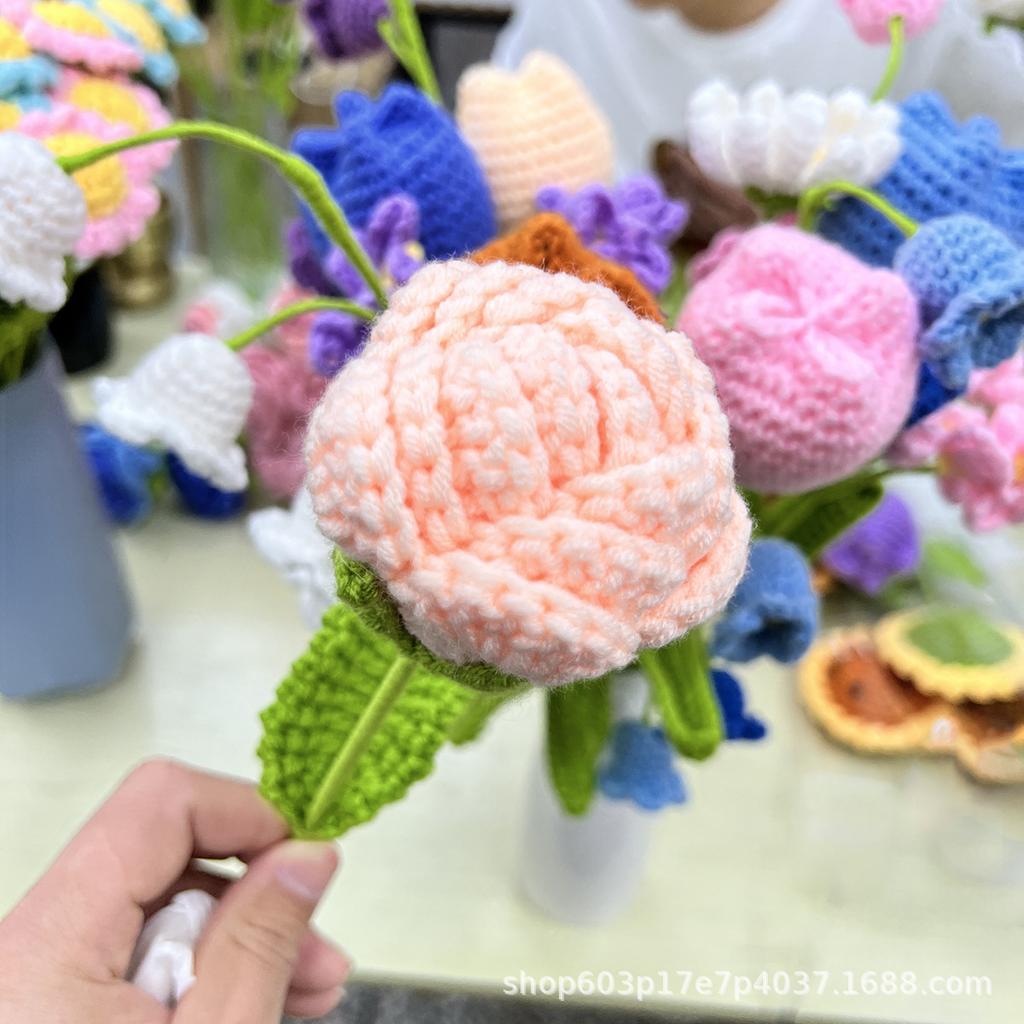 Knitting Flower Rose Tulips Daisy Single Bouquet Simulation Flower Home Decoration Wedding Hand-Knitted Crochet Fake Floral Gift