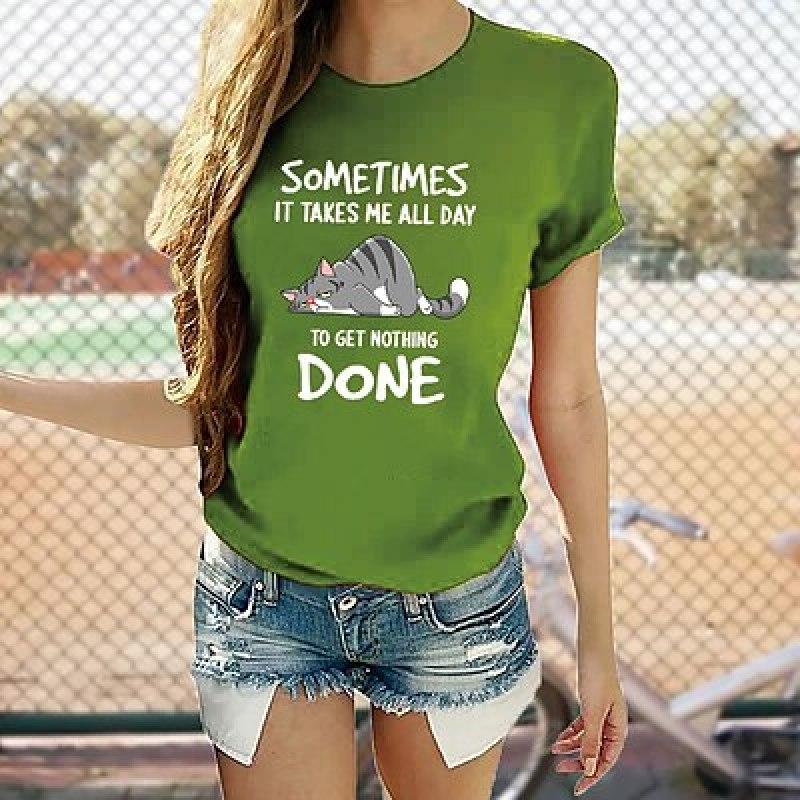 Dámské tričko Tričko Černobílé Růžové Kočičí potisk Krátký rukáv Denní Svátek Basic Kulatý výstřih Regular Fit Cat