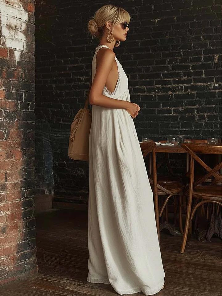 2026 Europäischer & Amerikanischer Lässiger Eleganter Leinen-Jumpsuit mit Spitzenbesatz
