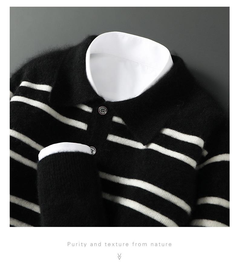 Men's 100% Wool Color Block Stripe Polo Collar Sweater, Autumn/Winter Collection