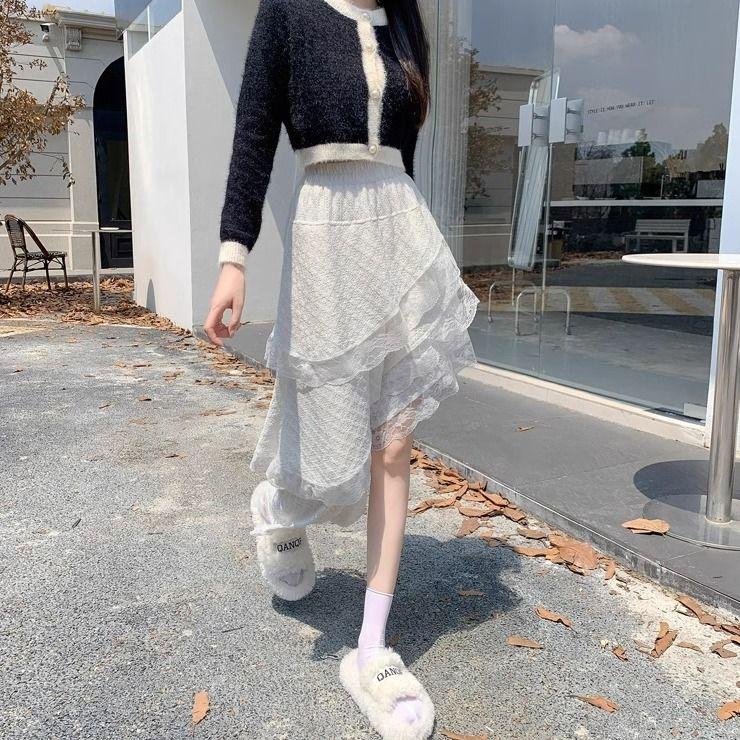 White Lace High-Waist Midi Skirt for Women - Early Autumn Asymmetric Tiered Cake Skirt with Ruffle Details & Design Sense