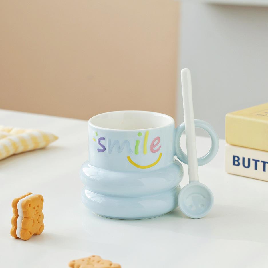 Smiling Mug with Smiling Face Spoon High looking Girl Water Cup Ceramic Milk Cup Student Breakfast Cup Coffee Cup