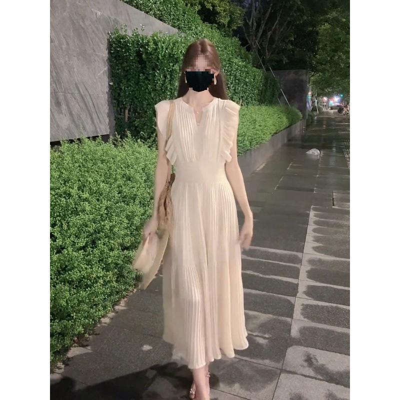 Japanese New Chen Duling Small Fly-Sleeve Floral Pleated Dress for Women, Summer High-Waisted A-Line Casual Long Dress
