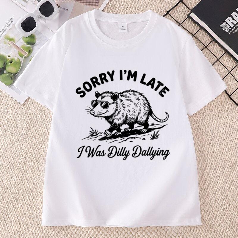 Funny Opossum T Shirt Sorry Im Late I Was Dilly Dallying Tee Retro Possum TShirt Animal Graphic Tee Cotton Short Sleeve