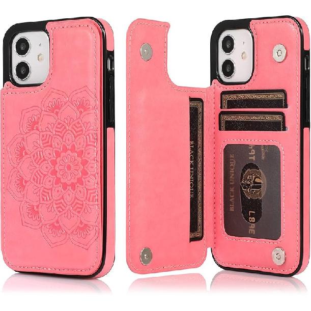 iPhone 12 Case iPhone 12Pro case 12/12Pro Wallet Credit Card Holder Case,Protective Cover with Slot Holder and Slim Purse Leather Case for iPhone 12 розовый