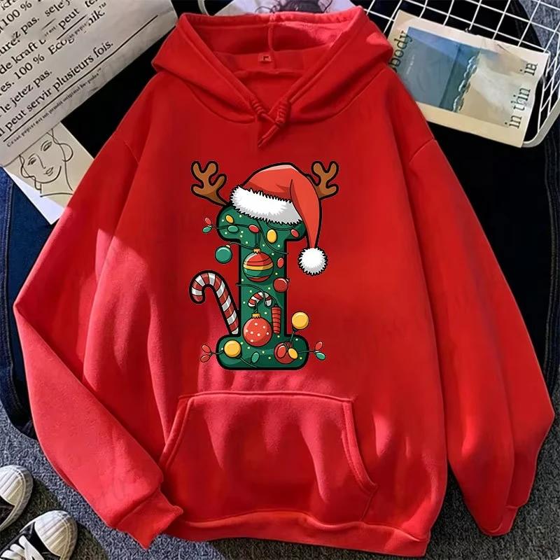 Festive Christmas Alphabet Letter with Santa Hat Graphic Hoodies Xmas Family Matching Holiday Party Sweatshirts Tops Gifts