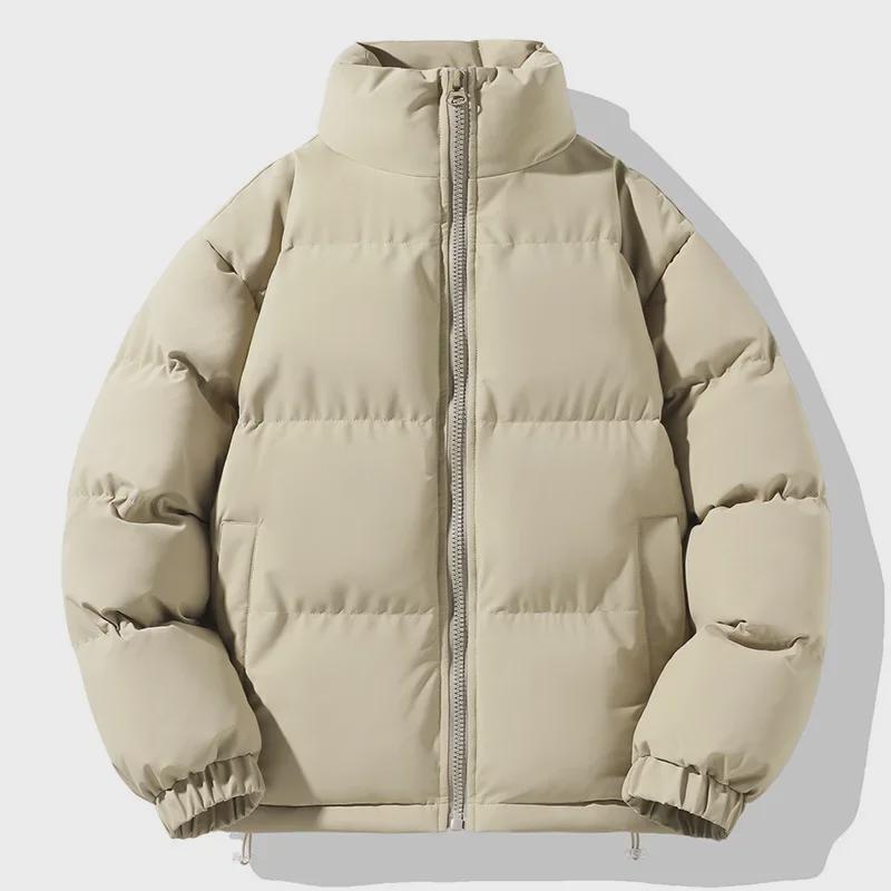 Men's Winter Cotton Jacket - Thick, Trendy Stand Collar with Fleece Lining in Solid Colors