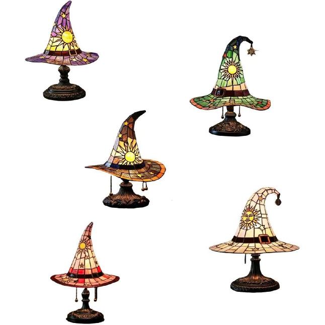 Witch Hat Lamps,2025 Stained Glass Witch Hat Lights with Mystical Charm, Handmade Gothic Wizard Hat Shape Lights for Wiccans & Halloween