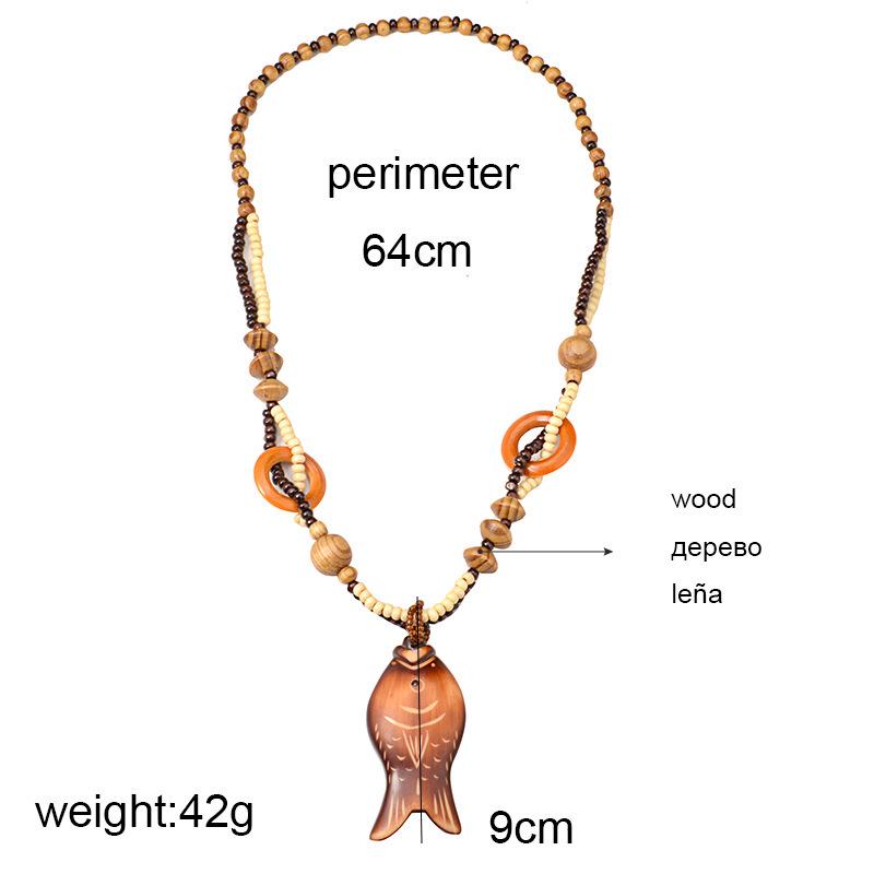 JMXD Handmade Wooden Fish Pendant Necklace Long Boho Beaded Sweater Chain Unisex Ethnic Retro Gift Lightweight Summer Trend