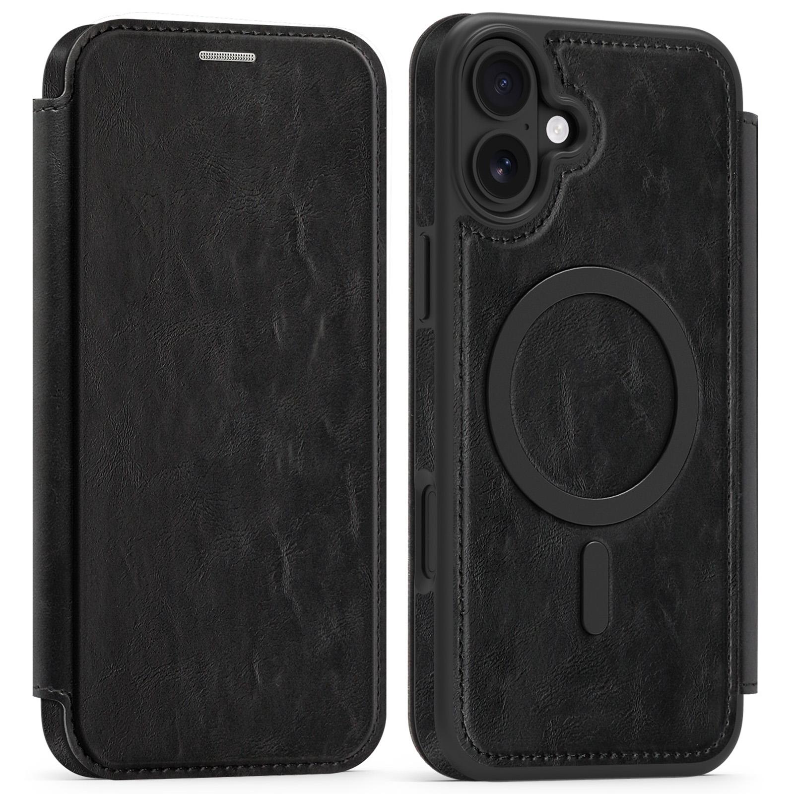 

For iPhone 16 Plus Case Compatible with MagSafe RFID Blocking Card Holder Leather Phone Cover Black