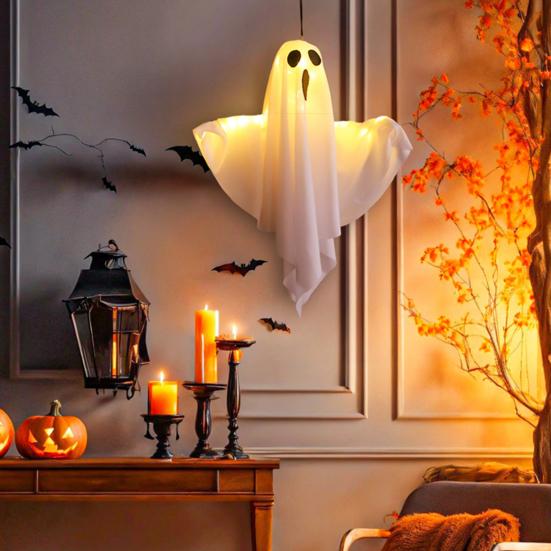 3 ks Halloweenských závěsných duchů 19,6" LED svítících venkovních létajících bílých duchů pro dekoraci předzahrádky, terasy, trávníku, zahrady, párty