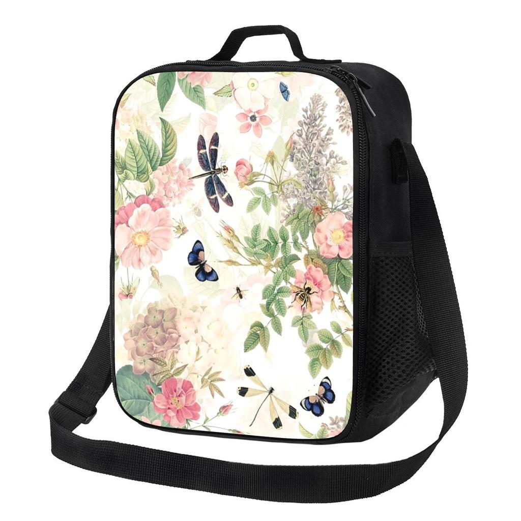 UtART Vintage Roses Spring Flower And Early Insects Botanical Insulated Lunch Bag Food Boxes Portable Container Lunch Box Tote