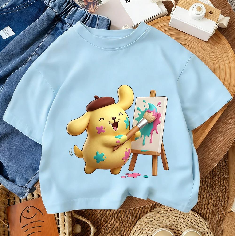 Summer Fashion Crew Neck Streetwear Boys and Girls 3-14 Years Old Kids Casual T-Shirt Cute Pudding Dog Cartoon Print