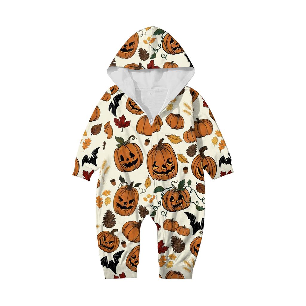 Halloween Printed Family Matching Hooded Long Sleeved Zippered Hooded  Jumpsuit Set