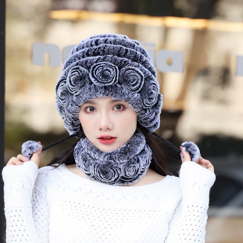 Rex Rabbit Hair Hat Scarf Two-piece Set Women's Winter In The Elderly Mother Grandma Winter Fur Scarf Cover