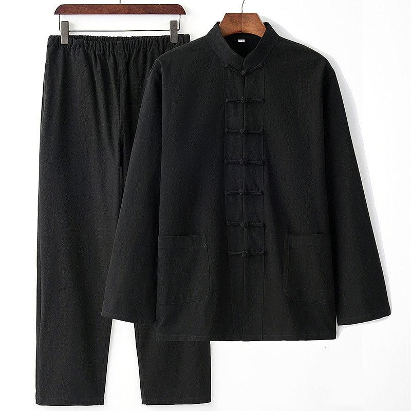 Tang Suit Men's Buddhist Chinese Style Chinese Style Clothing Cotton Linen Suit Ancient Style Two-piece Spring and Autumn Lay Clothes Elastic Waist