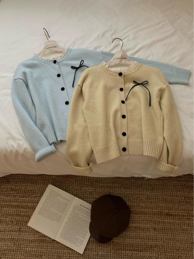 Korean Lace Round Neck Knit Cardigan with Bow - Women's Early Autumn Top