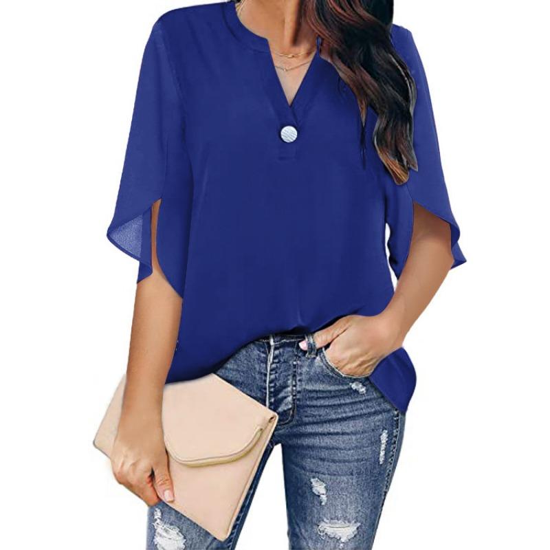 Summer New Women's Mid-sleeve Elegant Casual Solid Color V-neck Chiffon Shirt